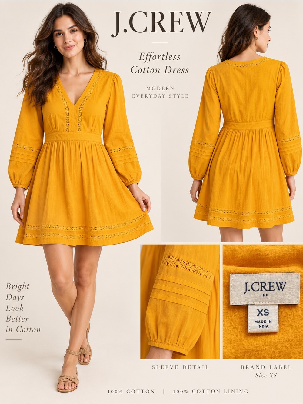 J.Crew XS Mustard Yellow Cotton Lace Trim Dress